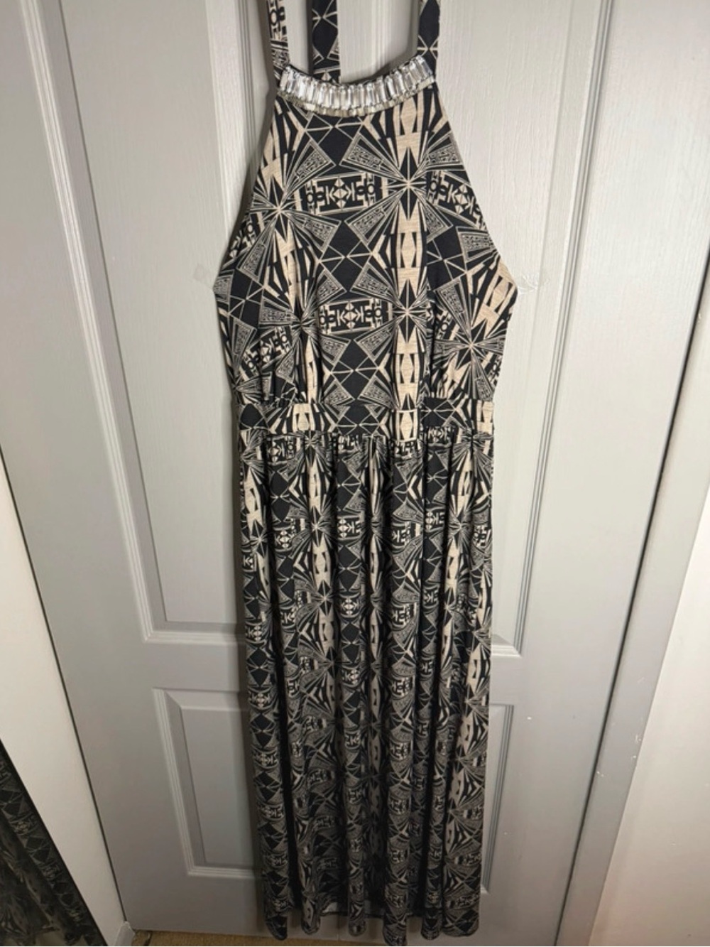 Ashley Stewart Black & Cream Boho Halter Maxi Dress